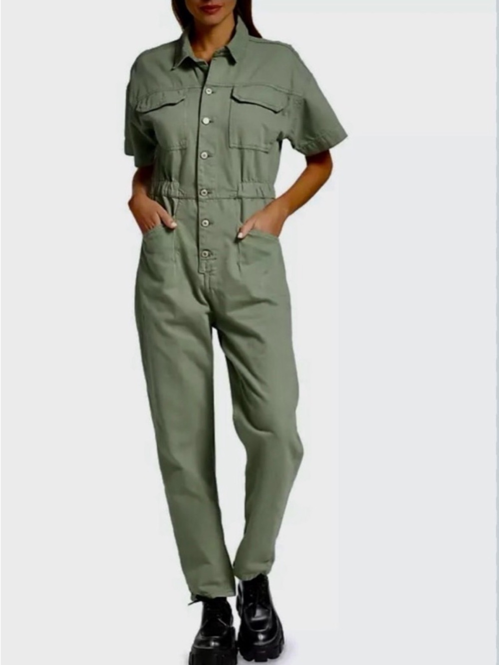 Free People Marci Denim Stylish Utility Jumpsuit - Size L. Color Army Green NWT